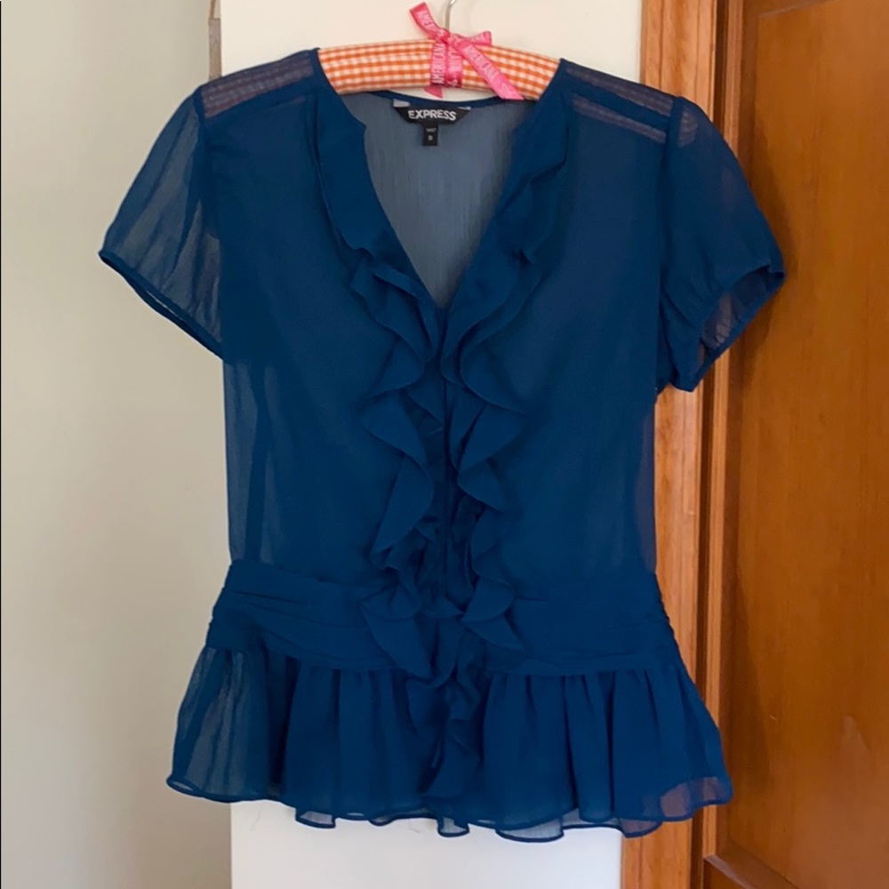 Sheer blue short sleeve Express top with ruffles